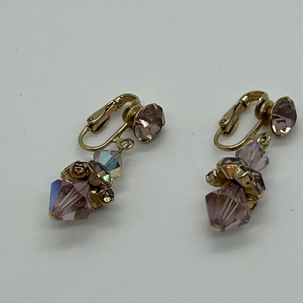 Vintage Aurora Borealis Dangle Earrings Crystal Pink Iridescent Faceted Goldtone - Picture 14 of 15